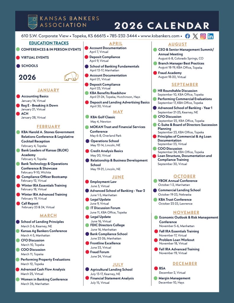 Kansas Bankers Association 2026 Calendar lists events by month with color-coded dots for education tracks, conferences, and schools. Events range from virtual sessions to in-person conferences across various locations.