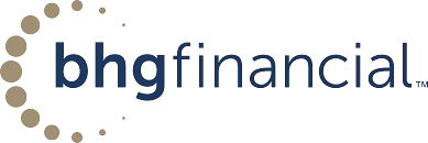 A half moon symbol made of gold circles with the dark blue words "bhg financial"