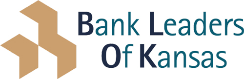 Logo for "Bank Leaders Of Kansas" with geometric, gold arrow-like shapes on the left. Text is a mix of dark blue and teal on a white background.