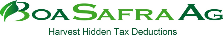 Green "Boa Safra Ag" logo with a leaf design in the 'B'. Below, the text reads "Harvest Hidden Tax Deductions." Clean, professional tone.
