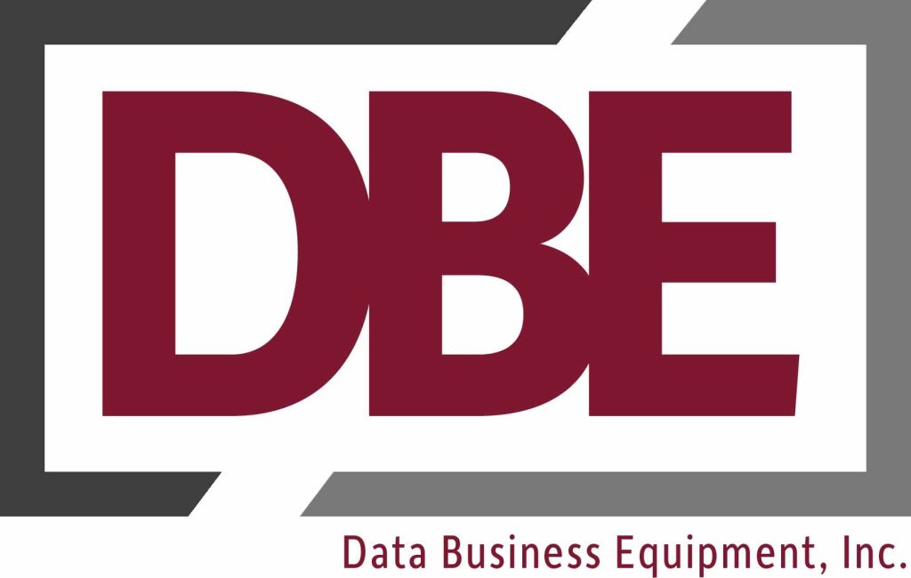 Gray and white logo with bold maroon letters "DBE" in the center, representing Data Business Equipment, Inc. Modern and professional design.
