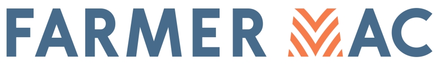 Blue text "FARMER MAC" with an orange stylized "M" resembling crops or growth. The design conveys a professional and agricultural theme.