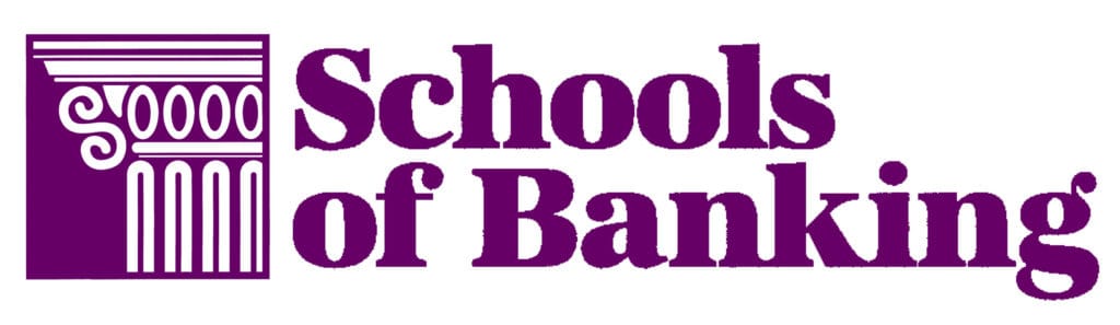 A purple and white logo of the outline of a building column with the purple words "Schools of Banking"