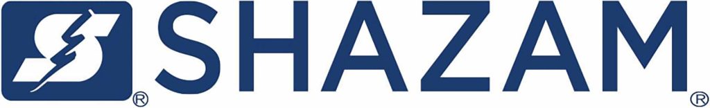 Blue and white Shazam logo featuring a stylized lightning bolt inside a square to the left of the word "SHAZAM" in bold, uppercase letters.