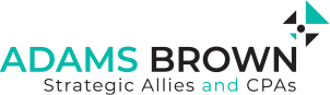 Logo for "Adams Brown." Text in teal and gray reads "Strategic Allies and CPAs," with a teal and gray geometric design on the right.