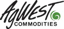 Logo for AgWest Commodities features black cursive "AgWest" with "COMMODITIES" below in uppercase. A green spiral design accents the text.