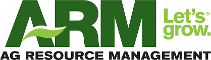 Logo of ARM Ag Resource Management. "ARM" in bold green with a leaf integrated. "Let's grow." appears in green. The full name is below in black.