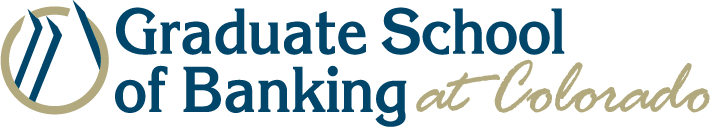 Logo of the Graduate School of Banking at Colorado. Features blue and beige text with a stylized open book symbol on a black background, conveying professionalism.