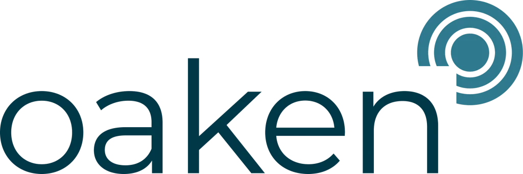 "Logo with the word 'oaken' in lowercase, dark blue letters. To the right, a circular design with concentric rings in the same color."