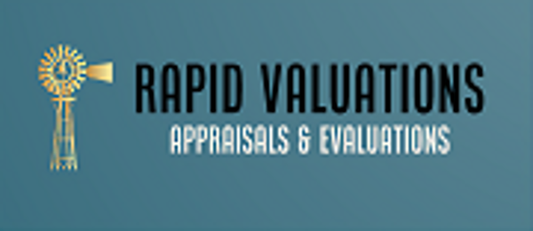 Blue background with a windmill icon to the left. Bold black text reads "Rapid Valuations," with "Appraisals & Evaluations" in white below.