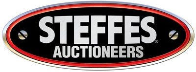 An oval metallic, black and red looking logo with the words "Steffes Auctioneers"