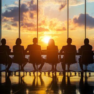New-Board-Members-2026-FEATURE - people sitting at a board room table in silhouette in front of large windows that show a golden sunset through them