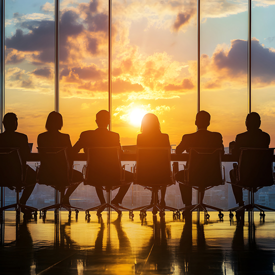 New-Board-Members-2026-FEATURE - people sitting at a board room table in silhouette in front of large windows that show a golden sunset through them